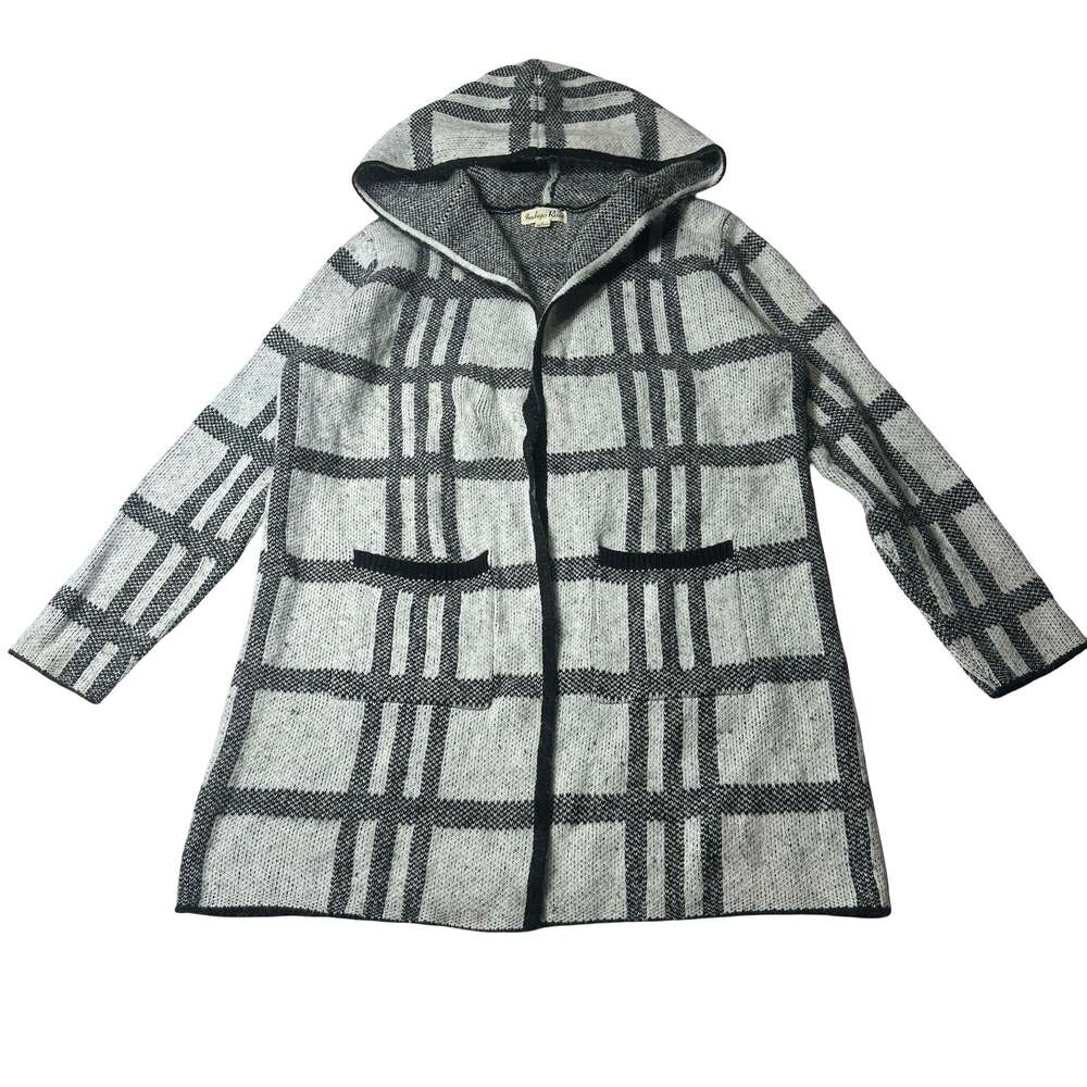 Indigo Rose Women's Black and Grey Plaid Hooded Knit Coatigan